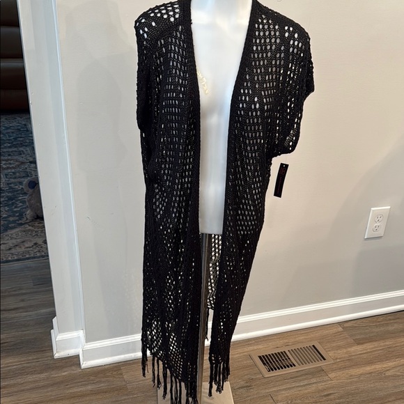 No Boundaries Large 11 - 13 Juniors Black Crochet Fringe Duster Long Cardigan - Picture 1 of 10